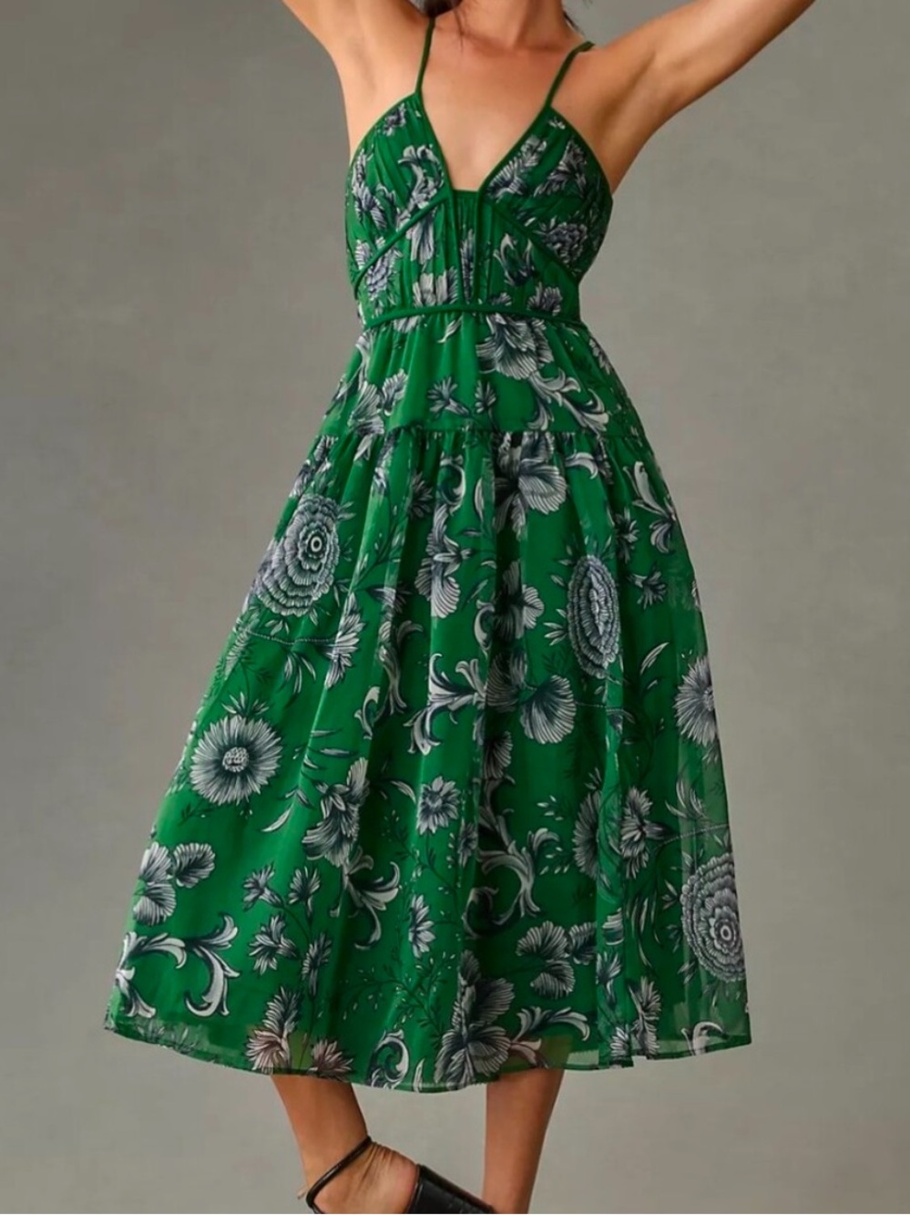 Anthropologie V Neck Green Floral Bustier Spaghetti Strap Beautiful Dress